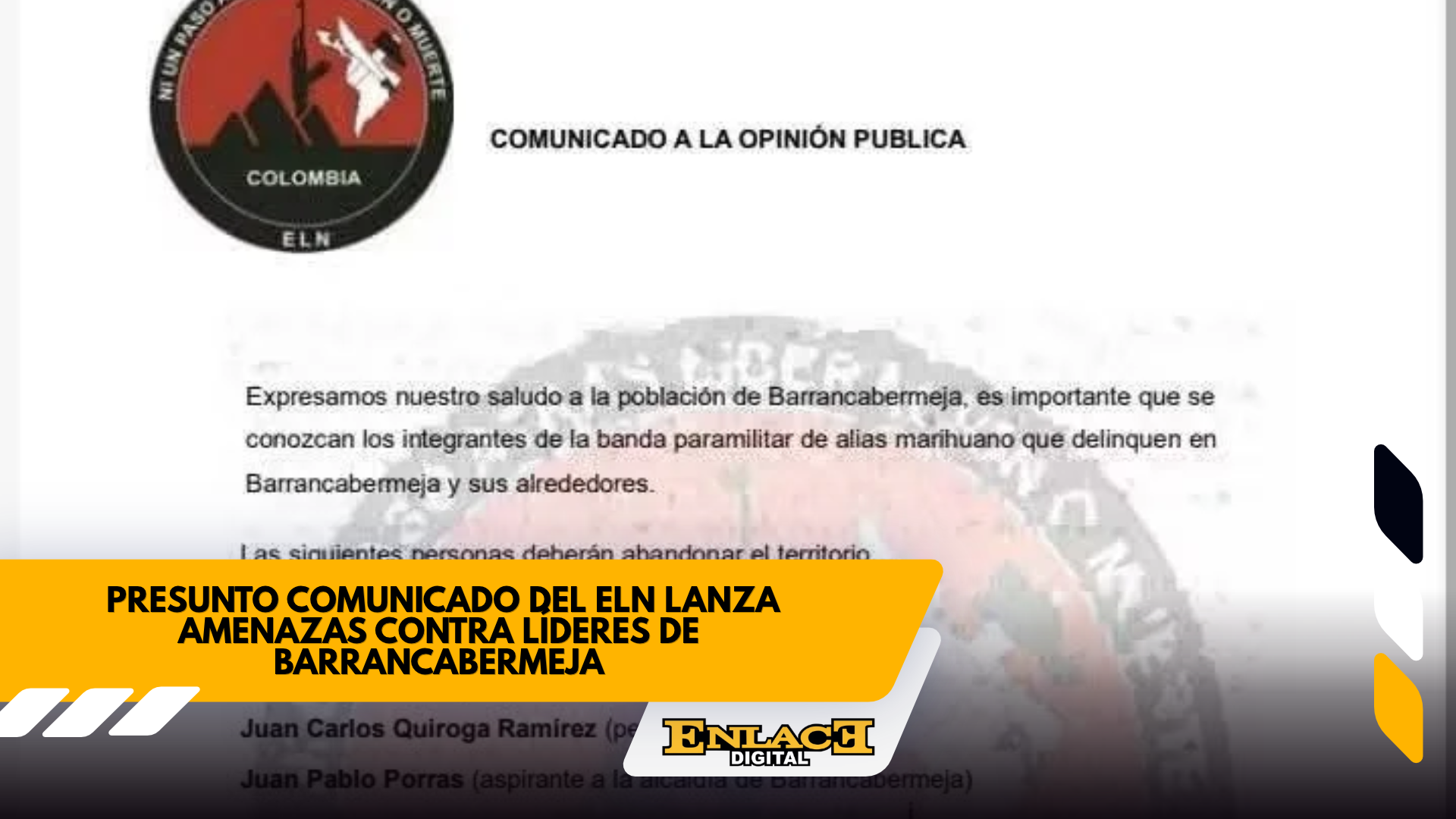 Presunto comunicado del eln menciona a líderes de barrancabermeja   enlace televisión barrancabermeja | noticias deportes y entretenimiento en santander